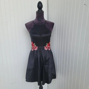 Teeze Me Women's Trendy Women's Black Fit & Flare Dress Red Roses Mesh Sz S